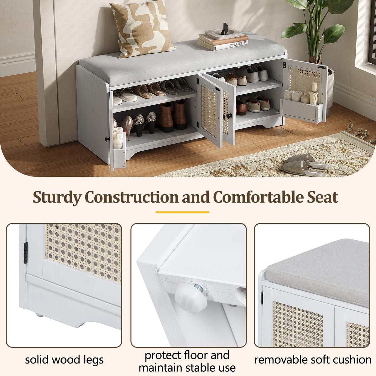 Rustic 47.4" Shoe Storage Bench with Removable Cushion, White