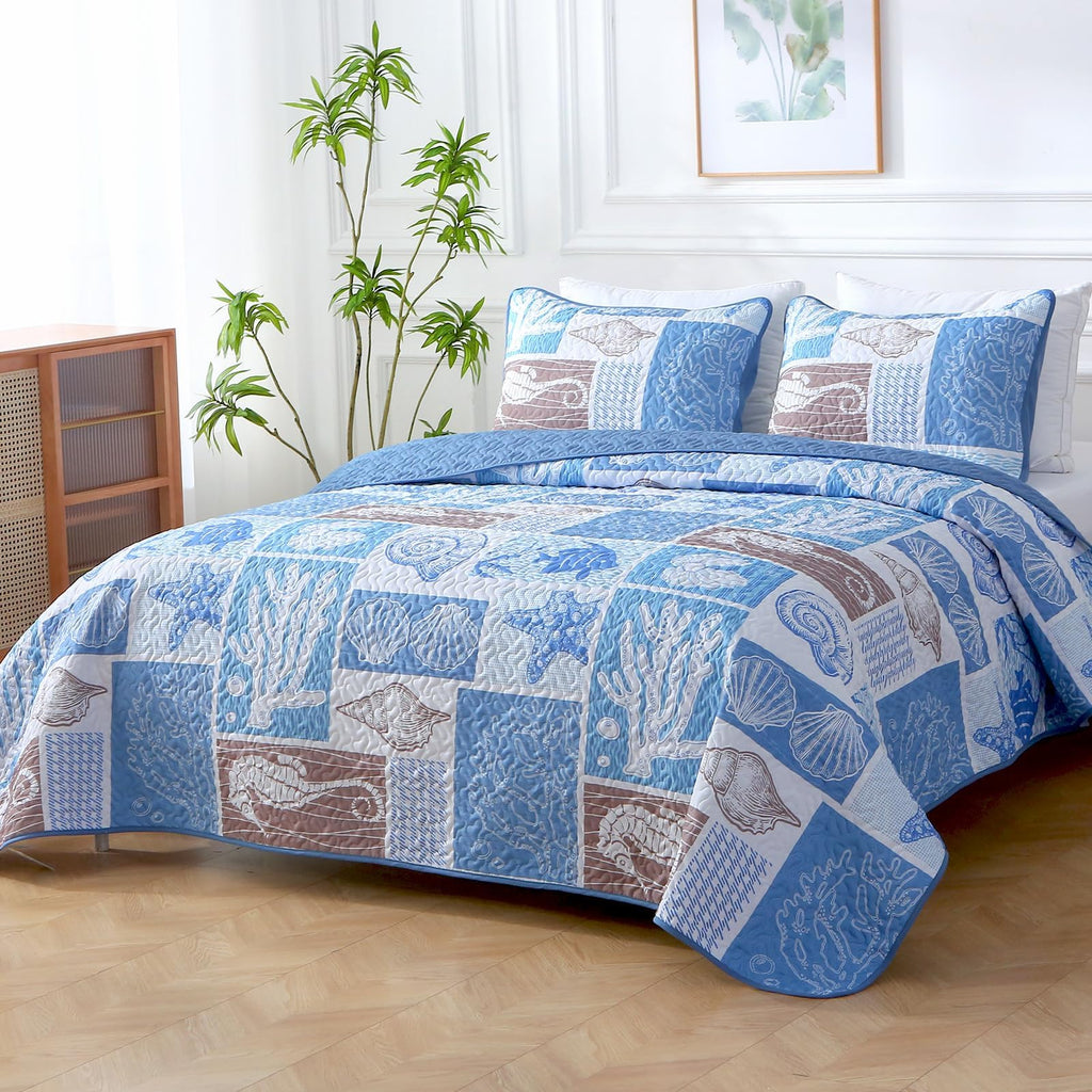 Coastal Quilt Set, Beach Coverlet Blue Starfish Coral Seashell Bedspread, Ocean Beach Themed Bed Cover
