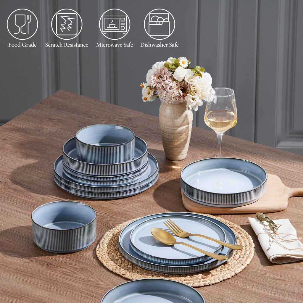 16 Piece Dinnerware Sets, Plates and Bowls with Pasta Bowls Service for 4, Modern Stoneware Ribbed Dishes Dining