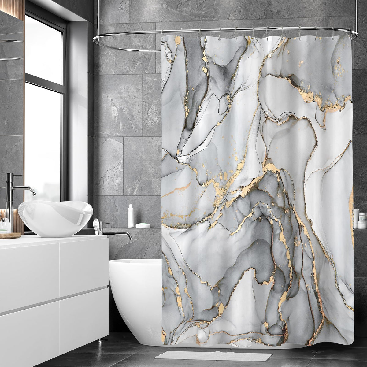Small Stall Shower Curtain 36 x 72 Inch, Half Narrow Abstract Marble Decor