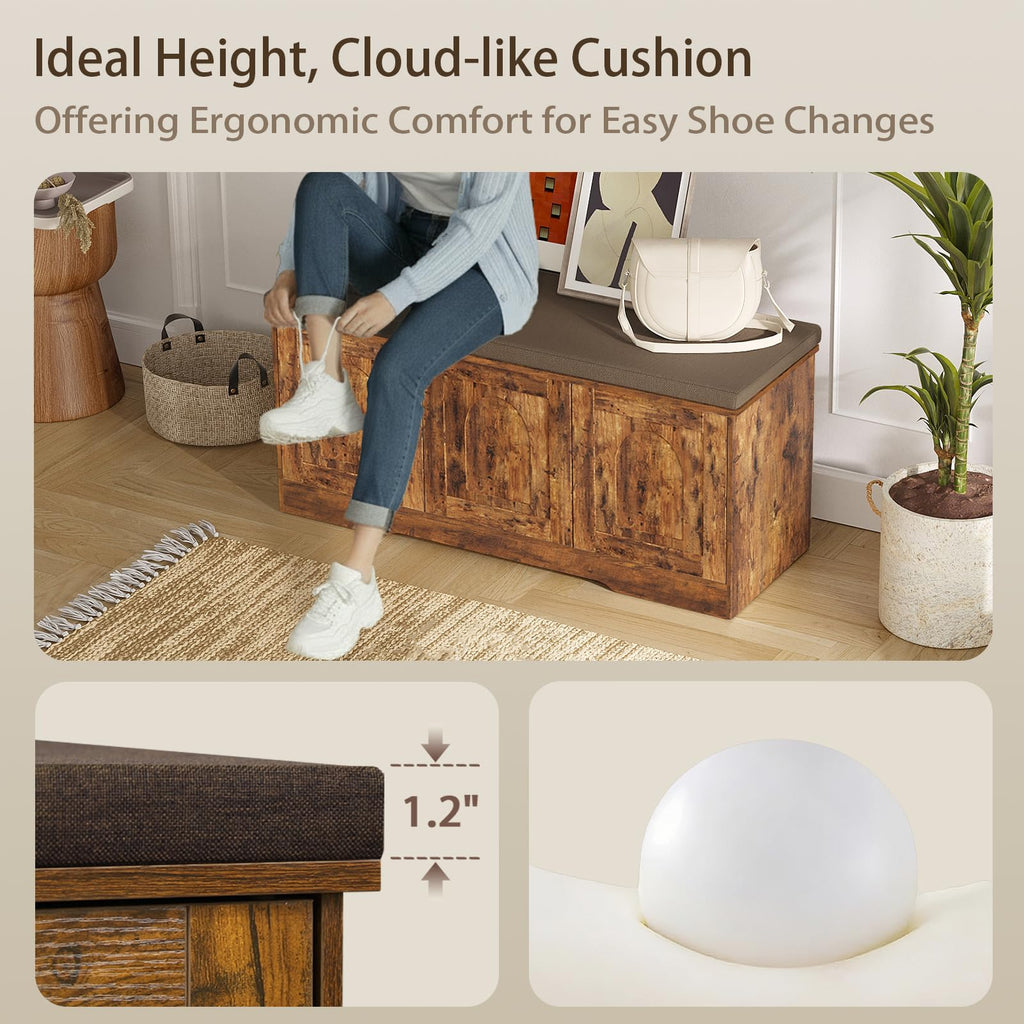 Shoe Storage Bench with Cushion, Door, Rustic Brown 39.4"LX17.7"H