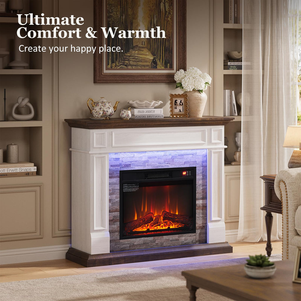 44 Inch Electric Fireplace Mantel with LED, White & Brown