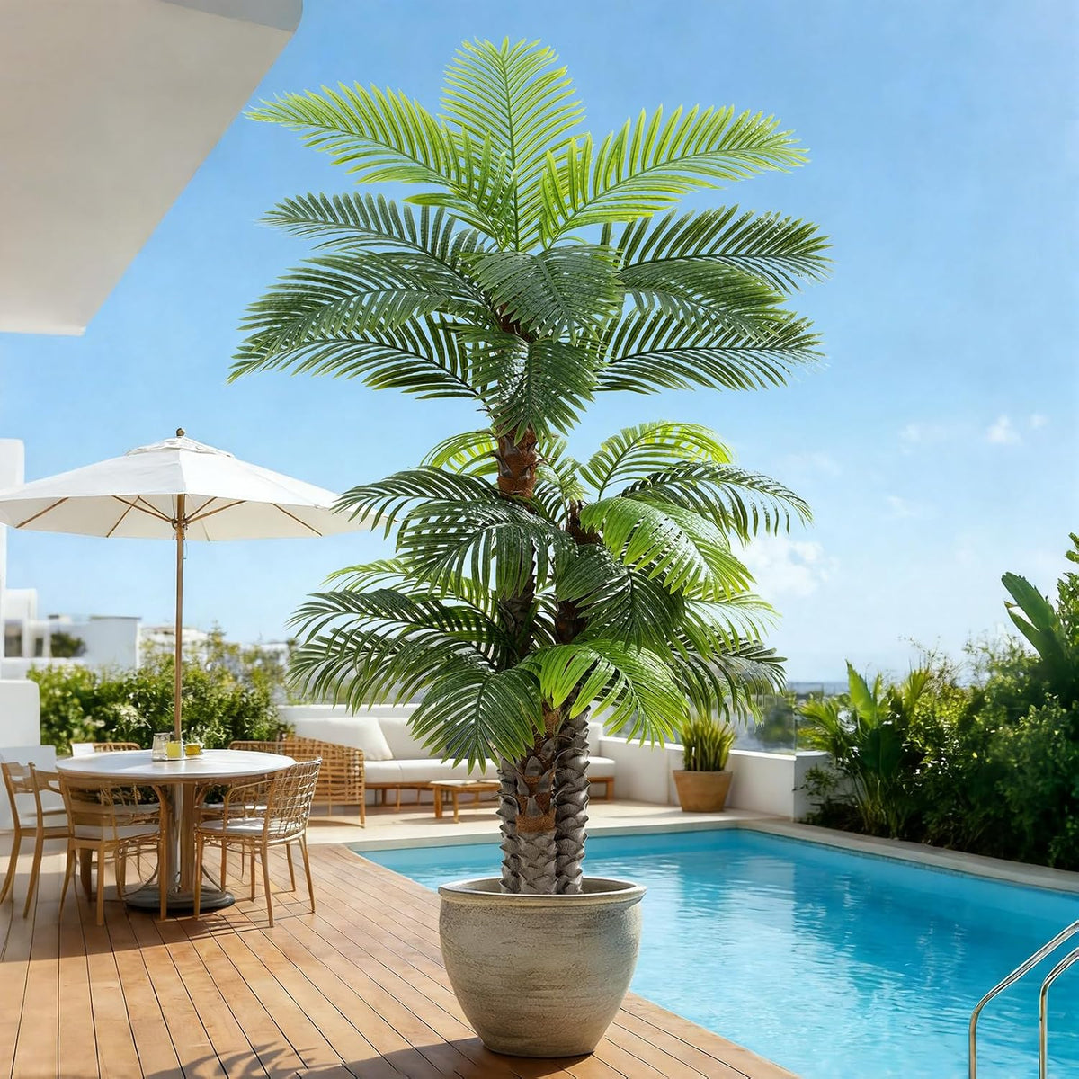8.5ft Tall Artificial Palm Tree for Outdoors - Triple Phoenix Palm, UV Resistant, Large Fake Silk Palm Tree - Perfect