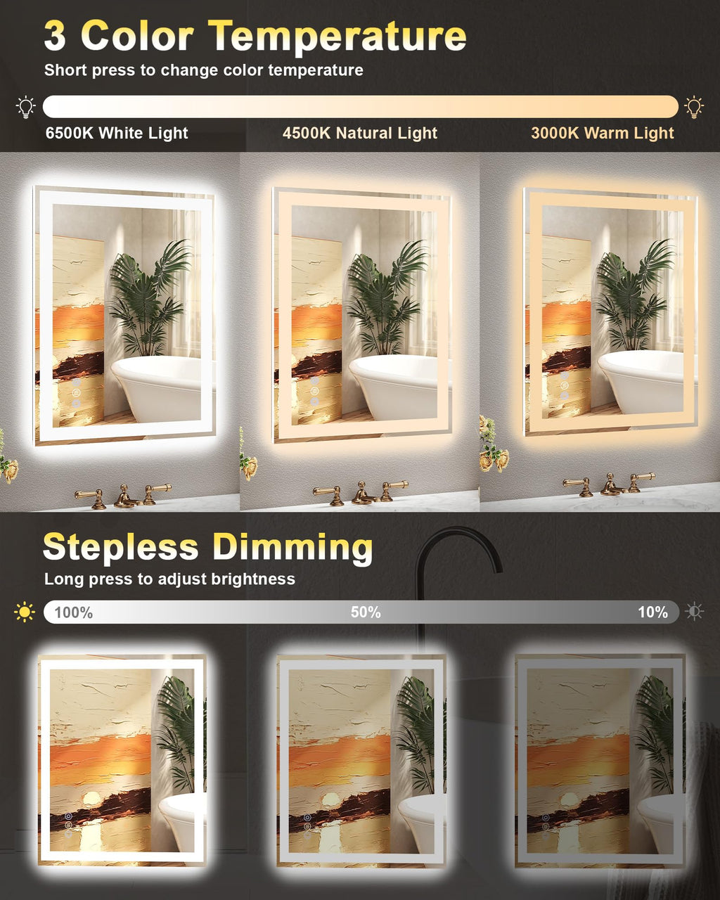 48x32 LED Bathroom Mirror, 6000LM, Separate Front and Back Lights