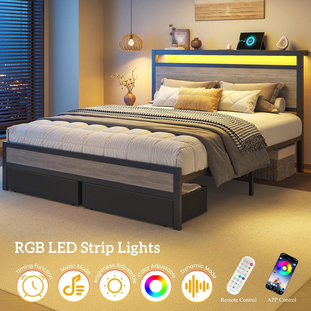 Bed Frame with Storage, Wood Headboard with Fast Charging Station, LED Lights, Platform Bed Frame