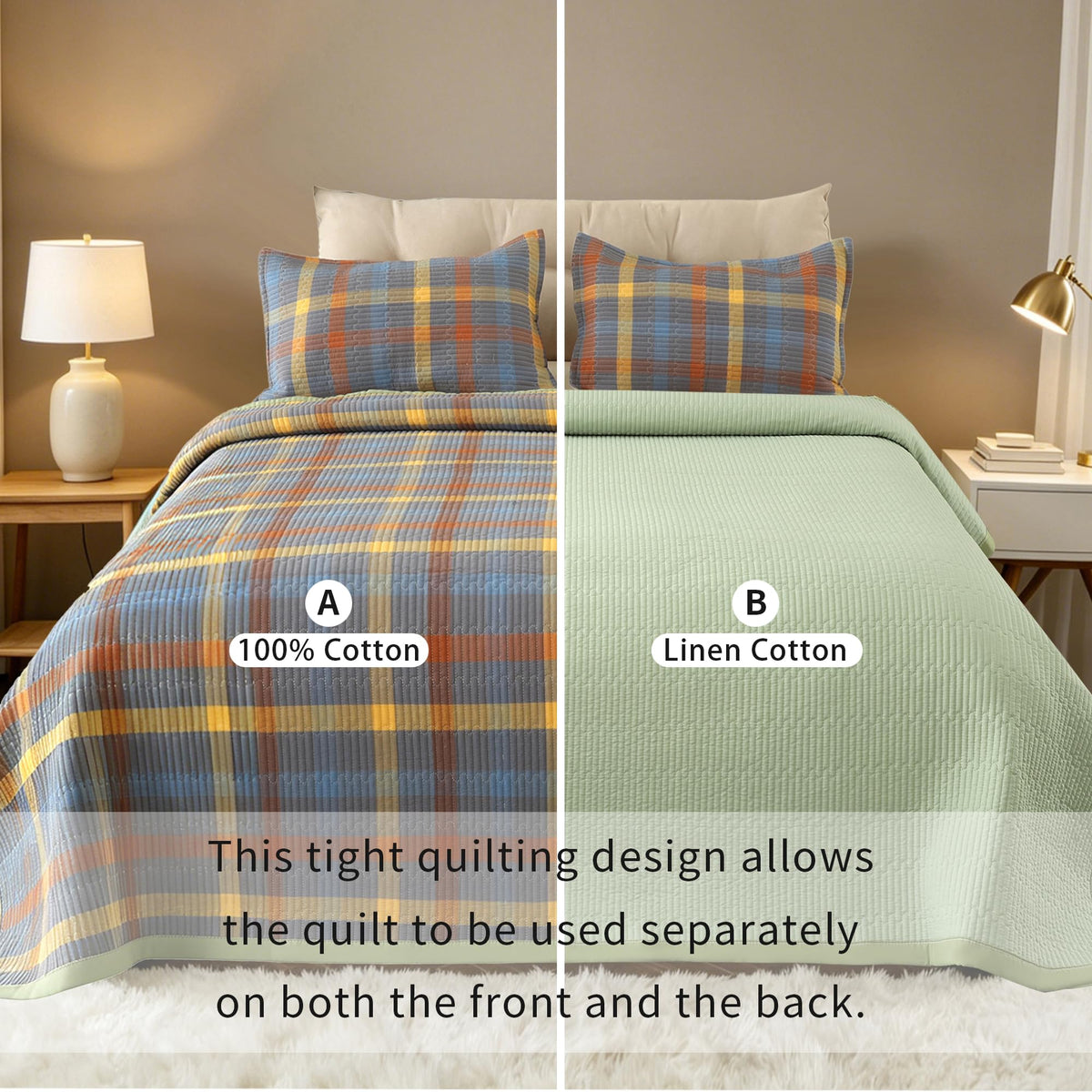 3 Pieces 100% Cotton Quilt Set, Hypoallergenic for Sensitive Skin, Lightweight All Season Coverlet Set, No