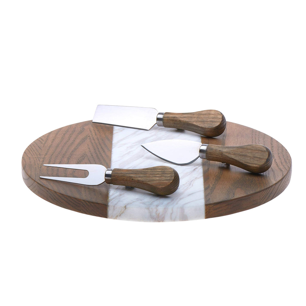 Handcrafted Marble Appetizer Board with 3 Wood-Handled Cheese Knives, Brown/White