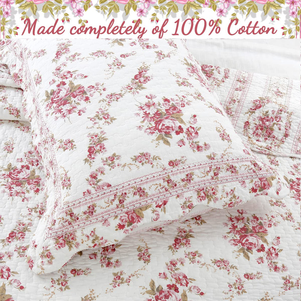 Line Home Fashions 100% Cotton Quilt Bedding Set, Pink Floral Reversible Coverlet Bedspread (Vintage Rose - 3