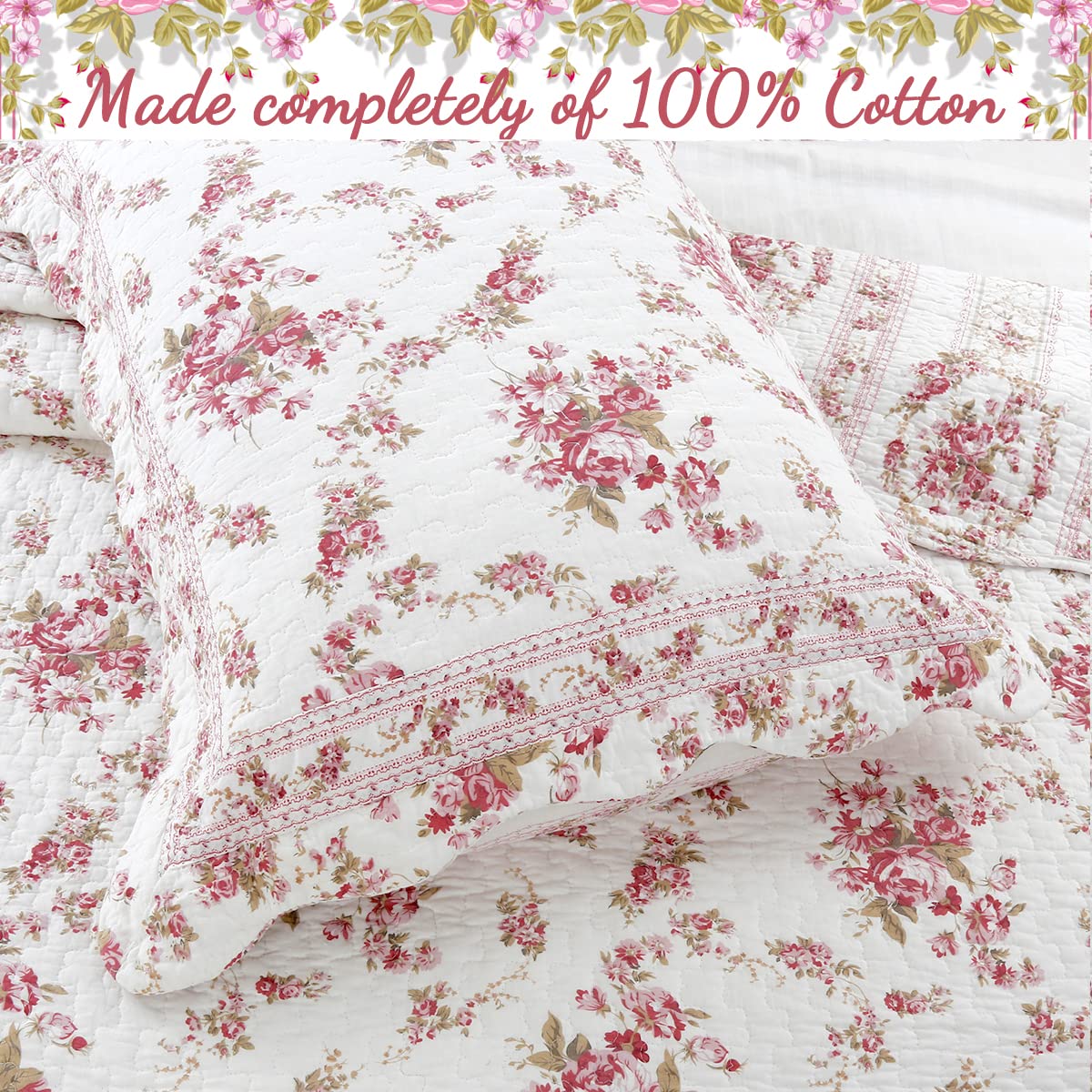 Line Home Fashions 100% Cotton Quilt Bedding Set, Pink Floral Reversible Coverlet Bedspread (Vintage Rose - 3