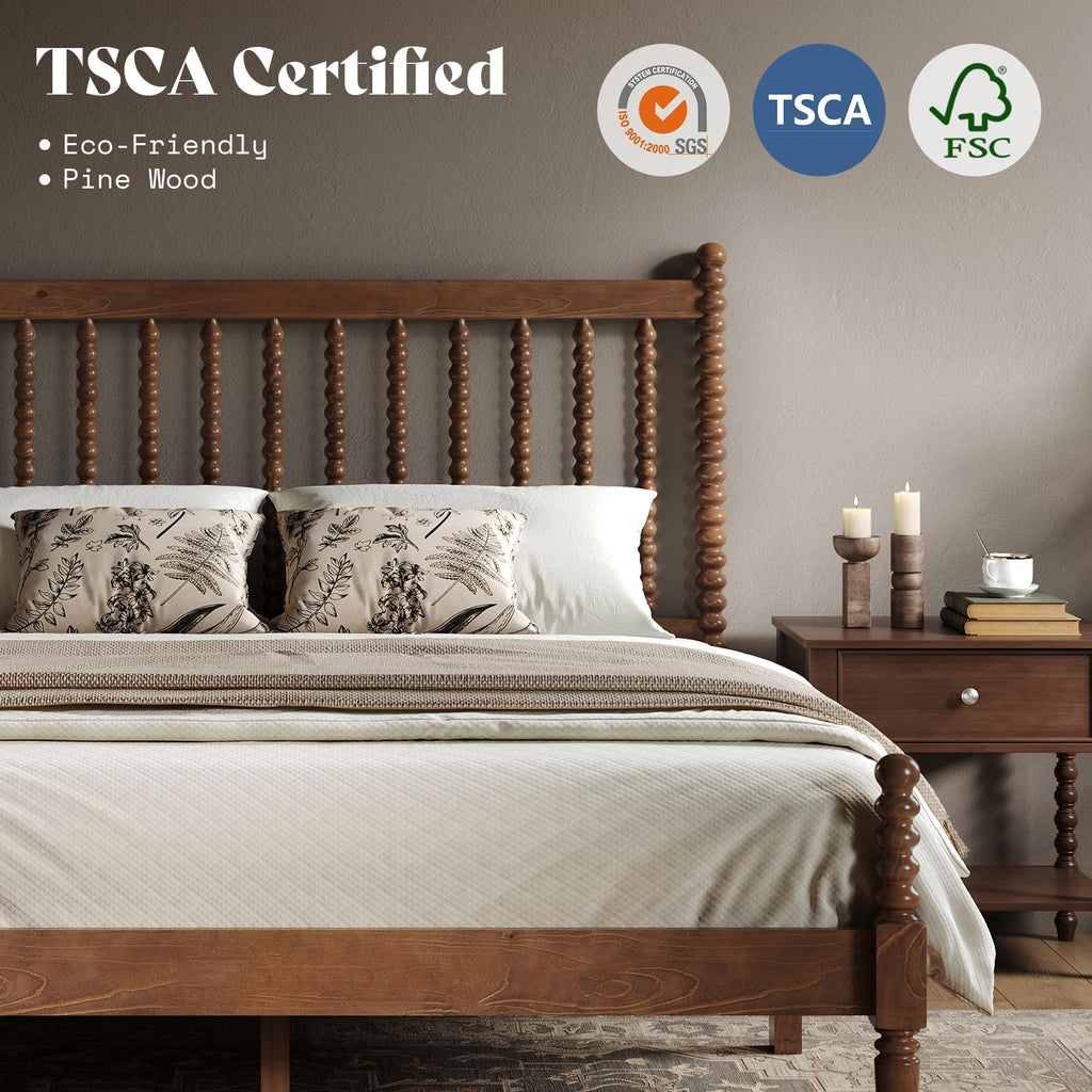 Solid Wood Bed Frame, Spindle Headboard, Dark Walnut