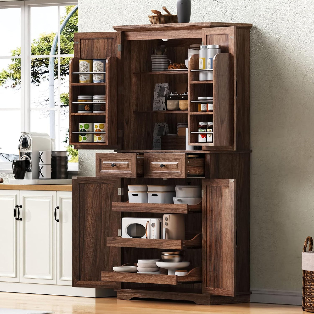71" Tall Farmhouse Pantry Cabinet with Pull-Out Shelves, Brown | Farmhouse Pantry Cabinet, Pull-Out Organizers, Door