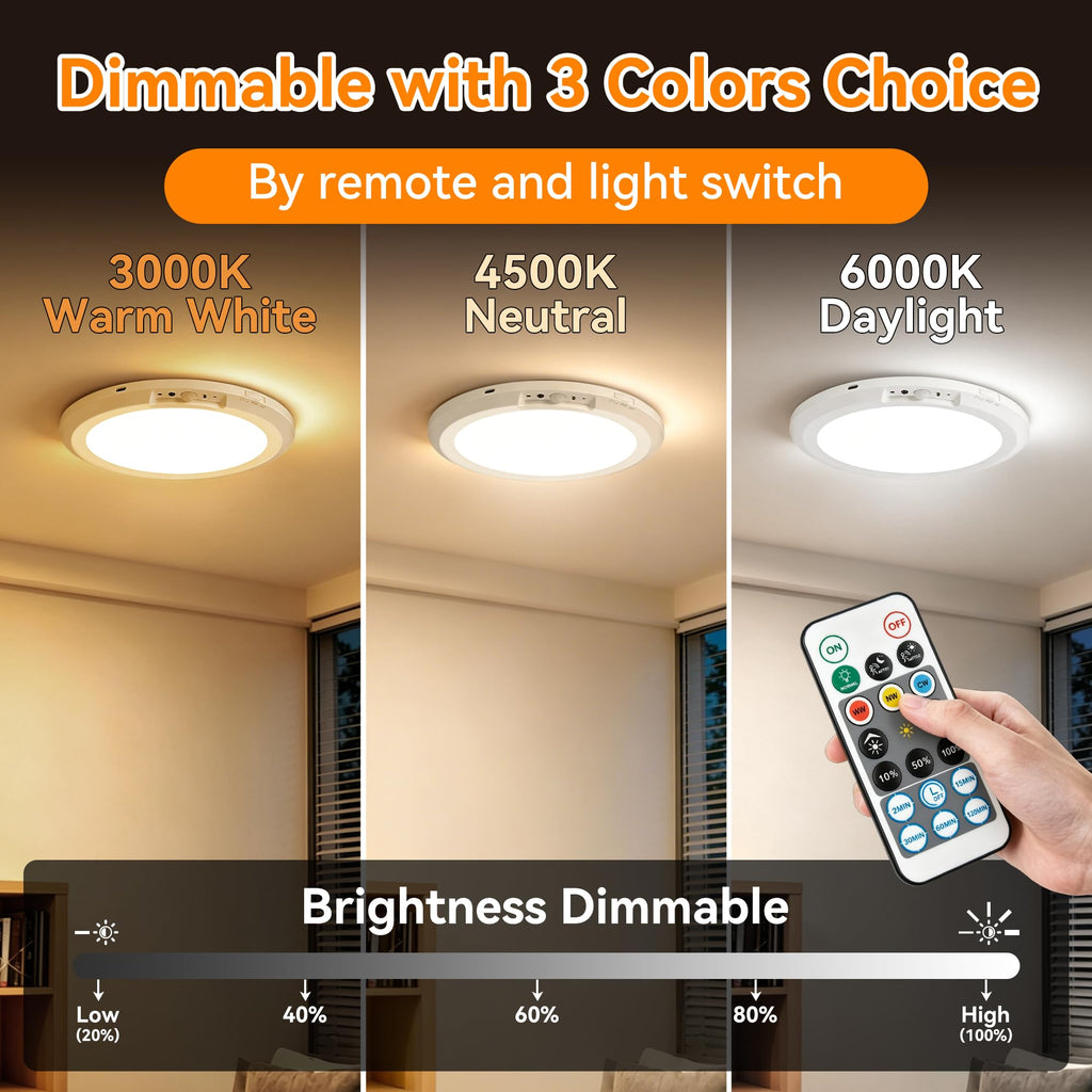 Rechargeable Ceiling Light 4 Pack, Battery Operated Motion Sensor Closet Light with Remote, 3 Color