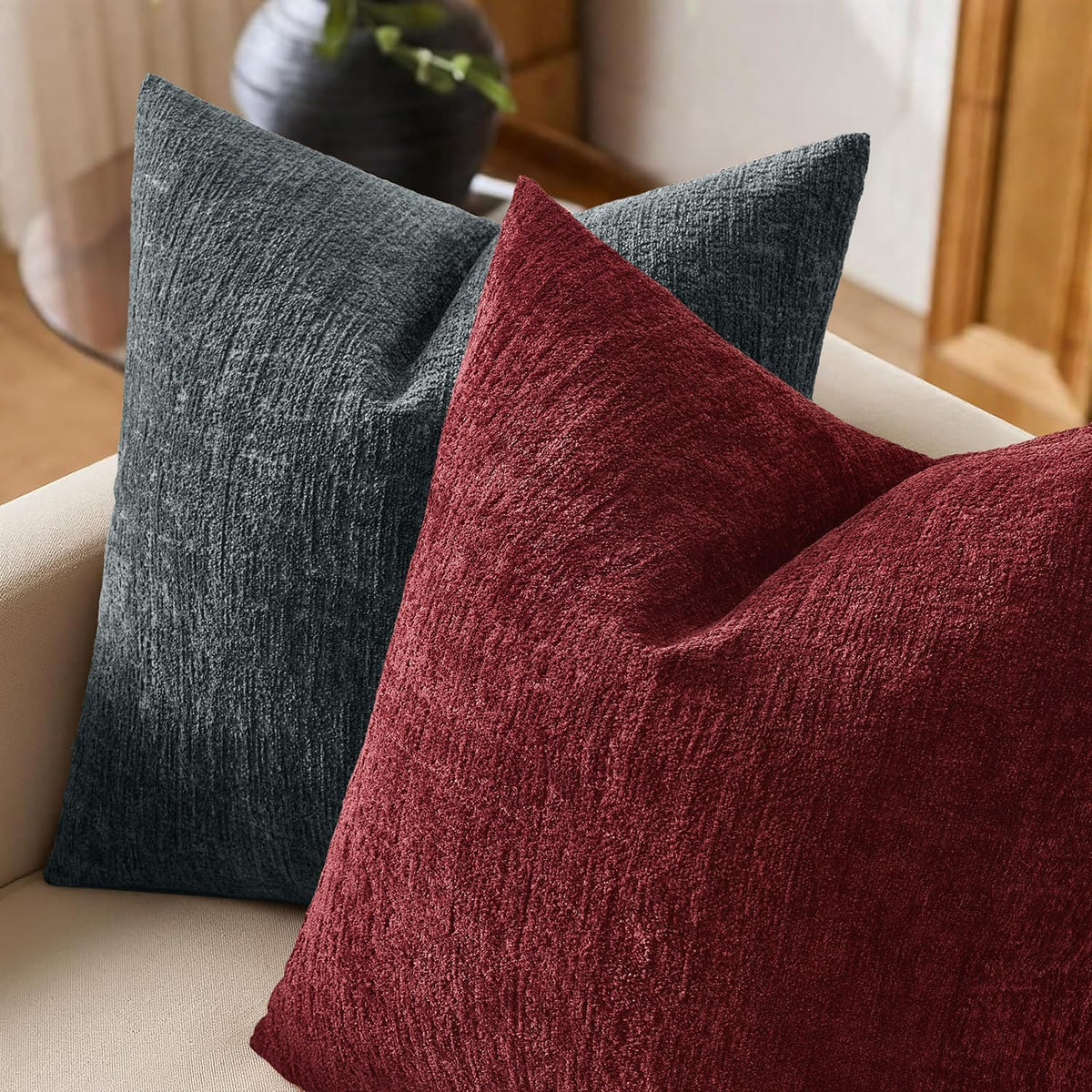 Christmas Couch Pillow Covers Textured Chenille 20x20 Burgundy - Set of 2