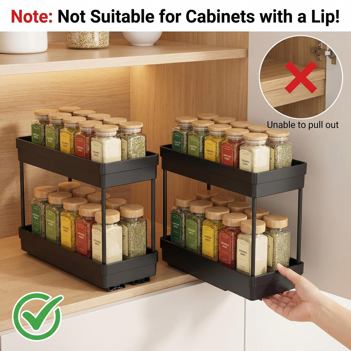 Pull Out Spice Rack, 3 Pack 2-Tier Cabinet Organizer, Black