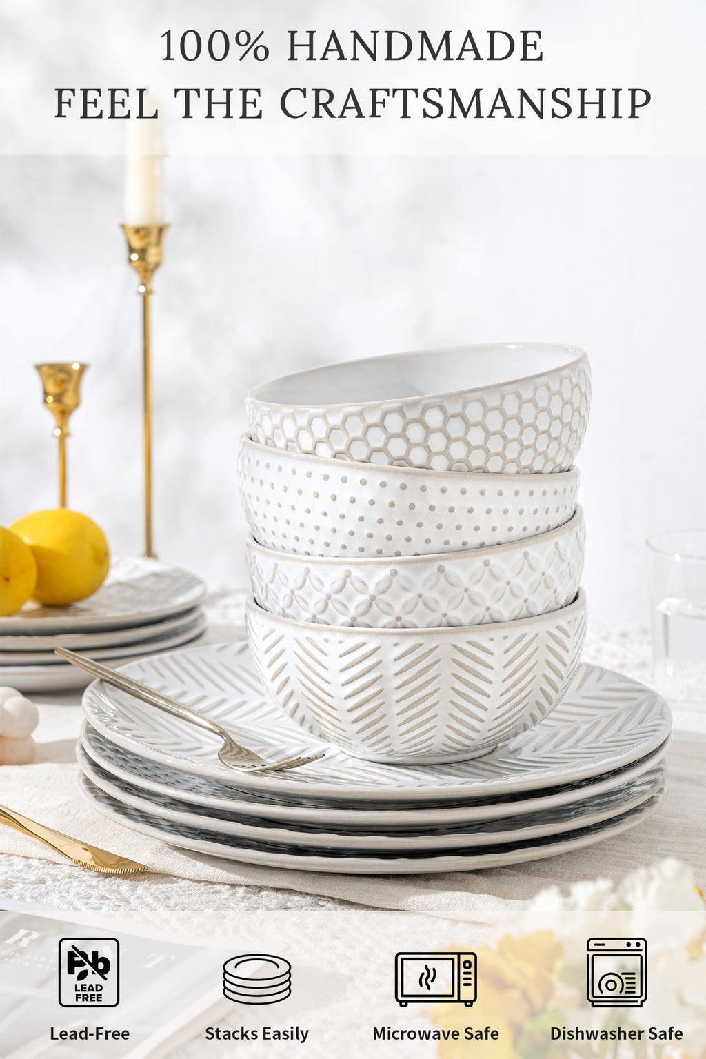 12 Piece Dinnerware Sets for 4, Premium Stoneware Plates and Bowls Sets of 12 with soup bowls, Microwave & Dishwasher