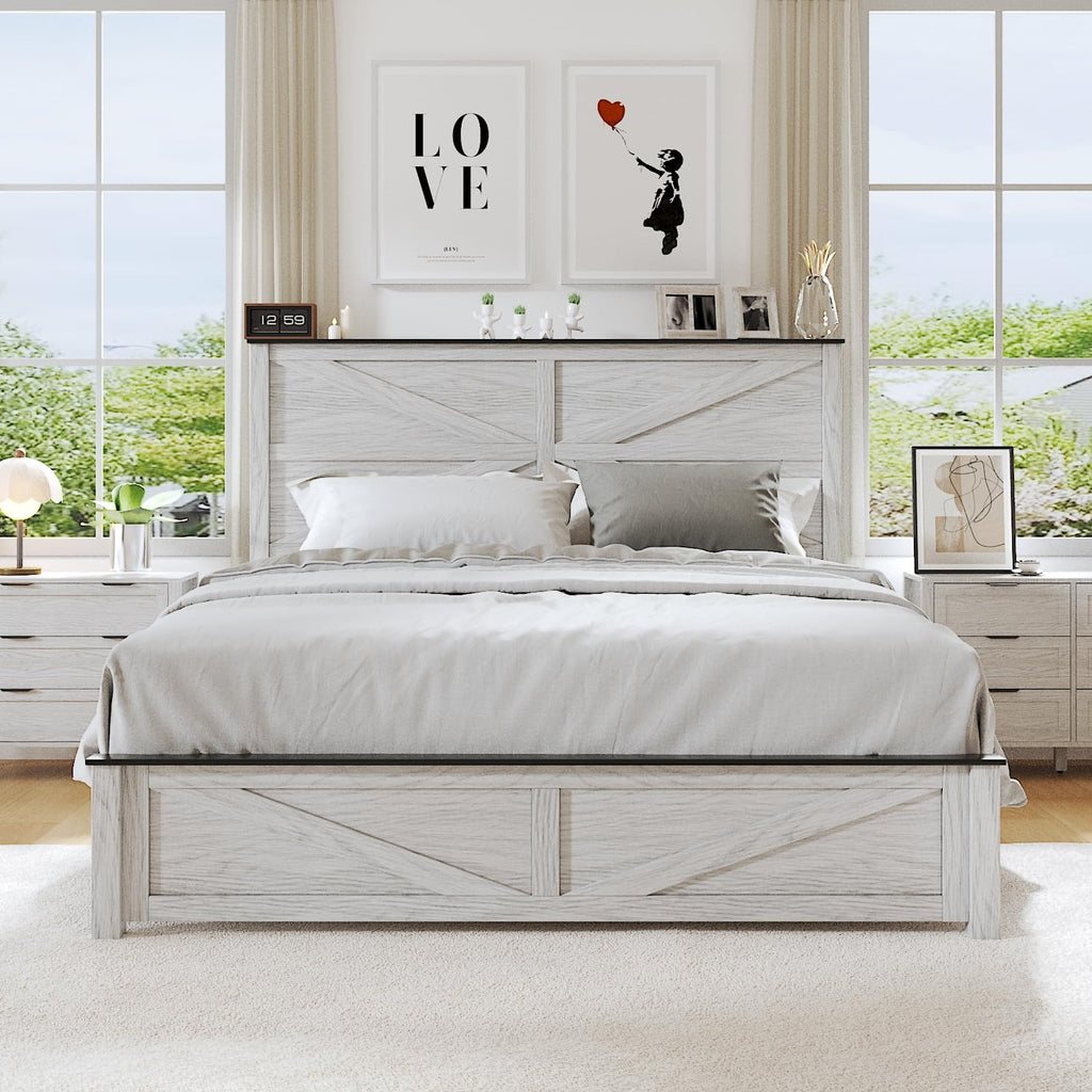 Farmhouse Wood Bed with Geometric Headboard White
