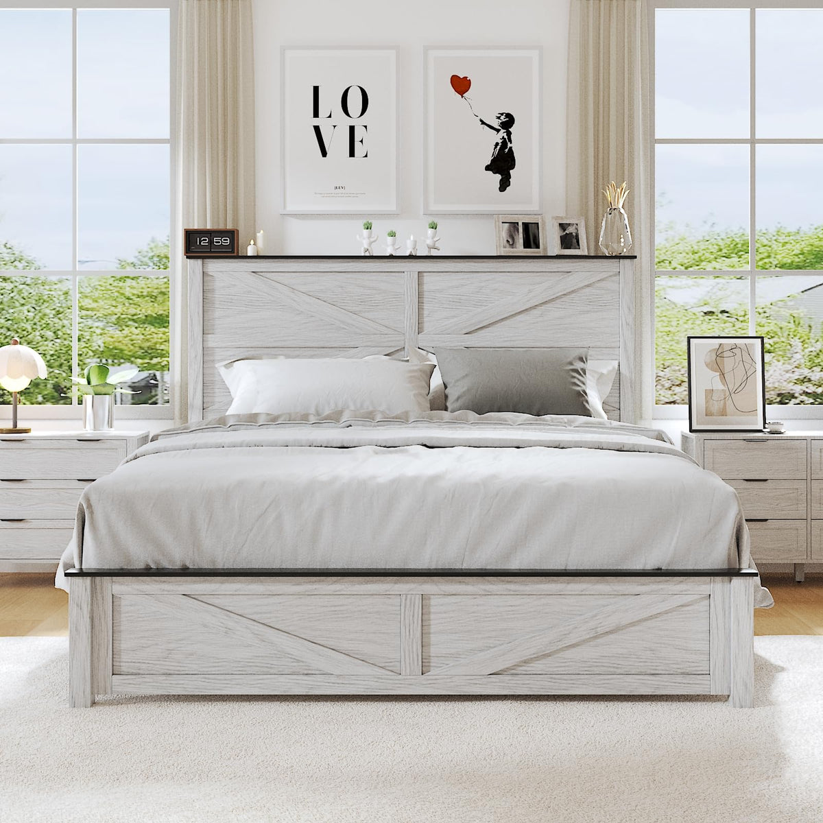 Farmhouse Wood Bed with Geometric Headboard White