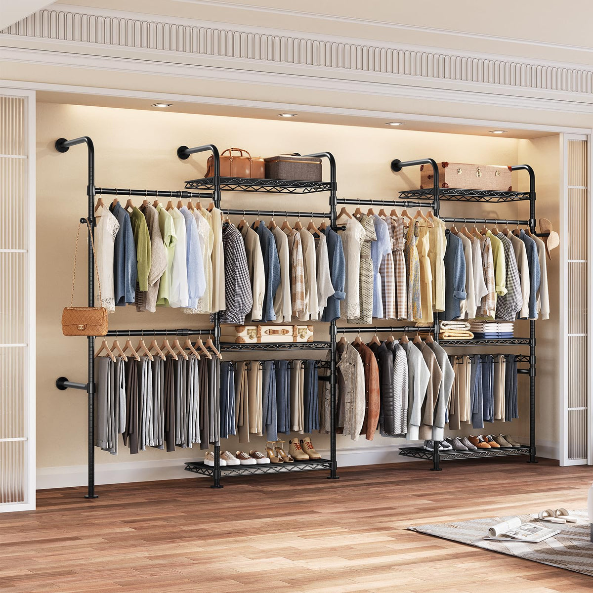 Closet Organizers Wall Mounted Closet System, 4-Row Heavy Duty Garment Clothes Rack, Industrial Pipe Clothing Rack