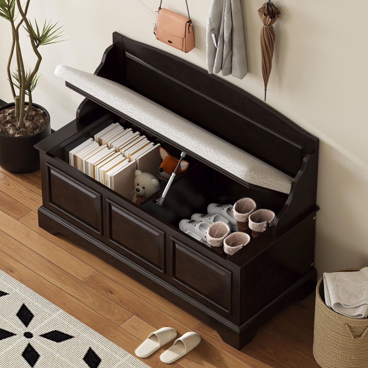 Shoe Storage Bench with Seating, 41.7" Farmhouse Entryway Bench with Cushion and Hidden Storage, Upholstered Storage