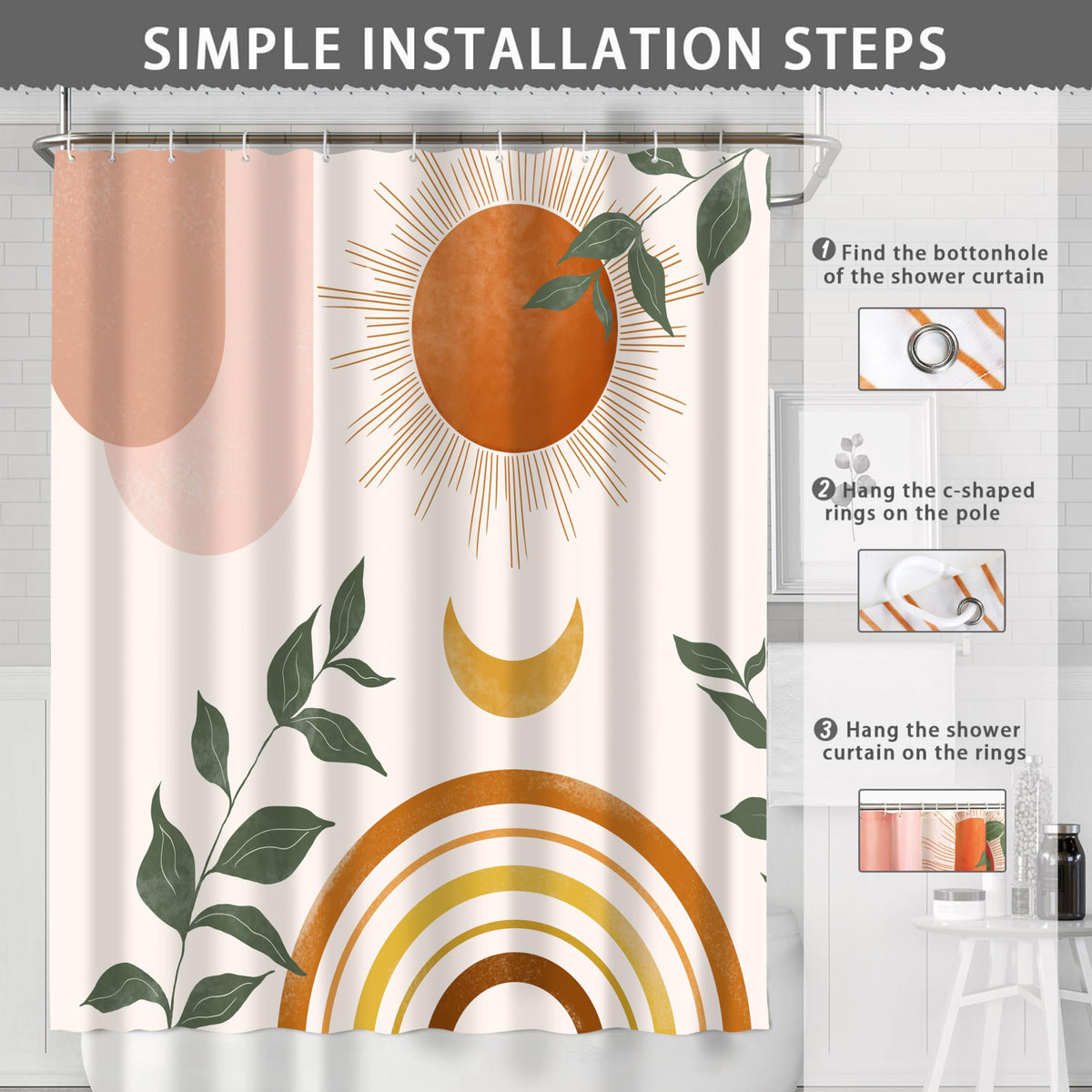 Mid Century Abstract Boho Aesthetic Shower Curtain Set, Green Nature Leaf Sun Modern Minimalist Home Bathroom Curtain