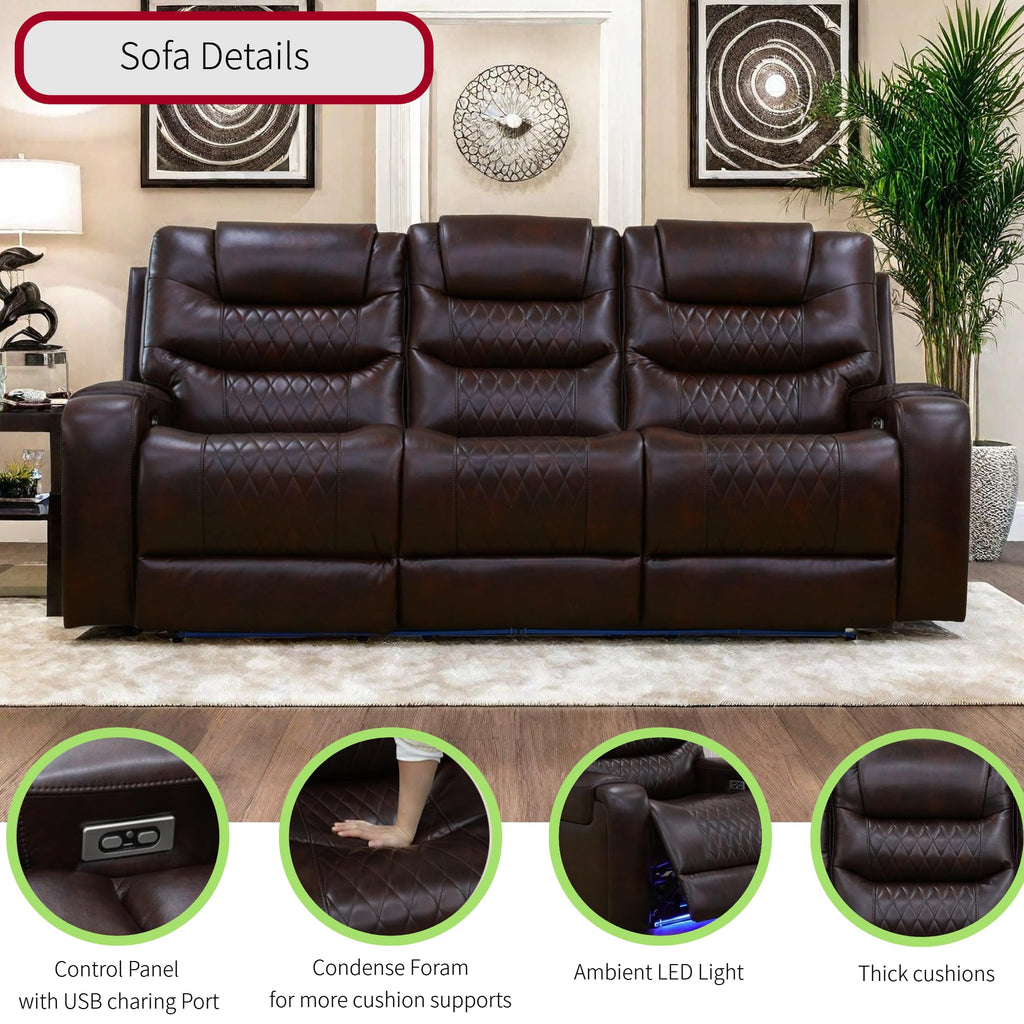 Living Room Furniture Set, Power Reclining Sofa Set, Air Leather Recliners with Built-in USB Ports and Storage