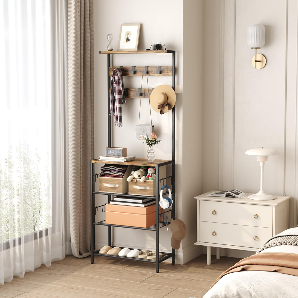 Coat Rack with Shoe Storage, 5-Tier Shoe and Coat Rack with 9 Clothes Hooks, Freestanding Hall Tree Organizer