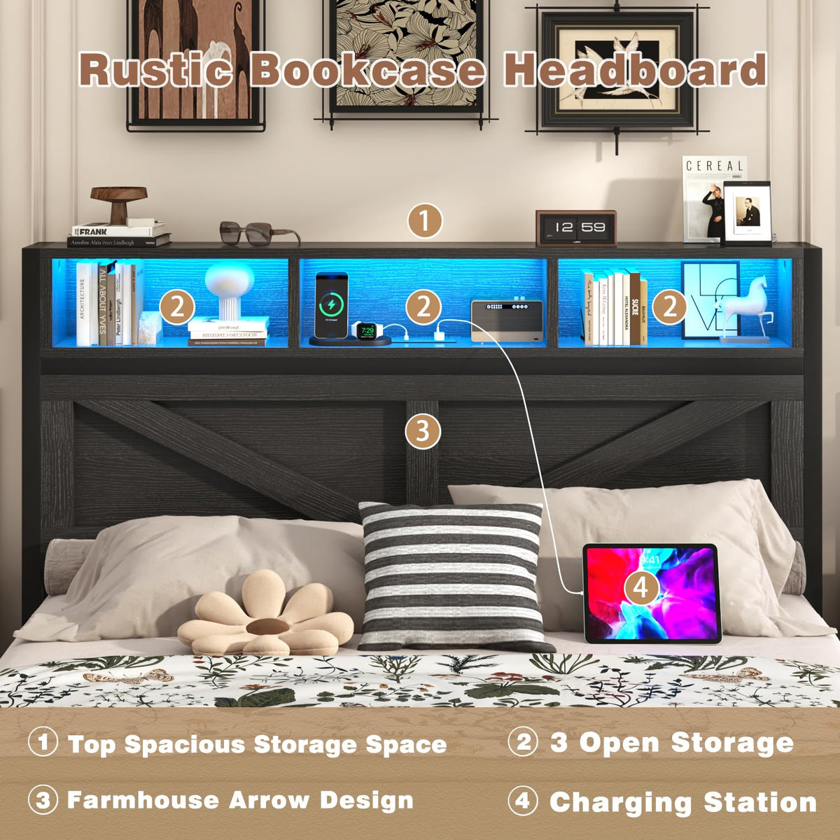 Farmhouse Bed Frame with Bookcase Storage Headboard, Charging Station, LED Light and 2 Storage Drawers, Noise