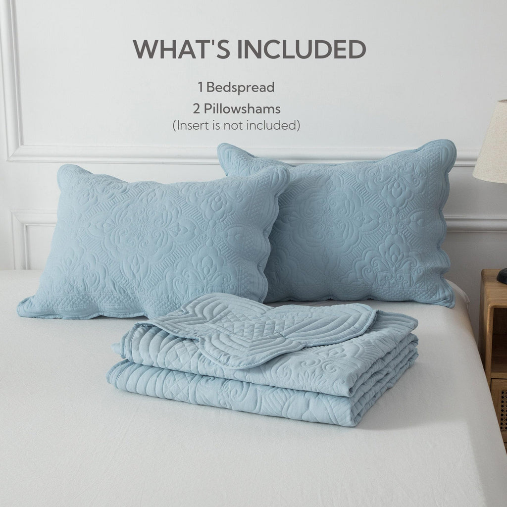 Embroidered Quilt Set - 3 Pieces, Washed Lightweight Coverlet with Scallop Edges, Reversible Bed Cover All