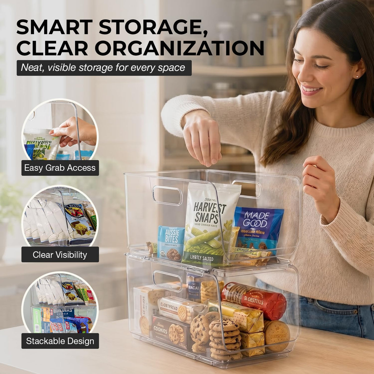 Stackable Storage Bins, Front Pantry Organizer, Medium, 4 Pack