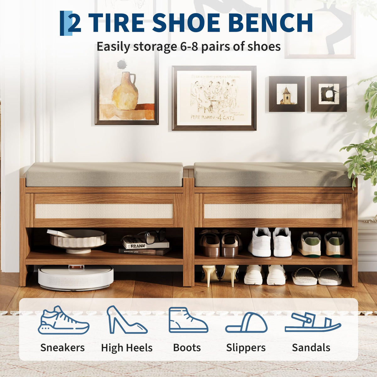 2PCS 31" L Farmhouse Shoe Bench with Storage Drawer & Linen Cushion - Wooden Entryway Bench with Open Shelf