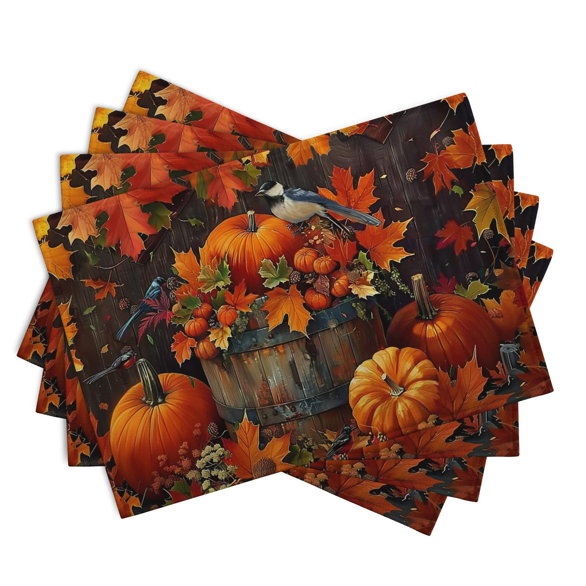Pumpkin Maple Leaf Bird Fall Placemats Set of 4 Autumn Thanksgiving Seasonal Holiday Harvest Linen Table Mats Orange