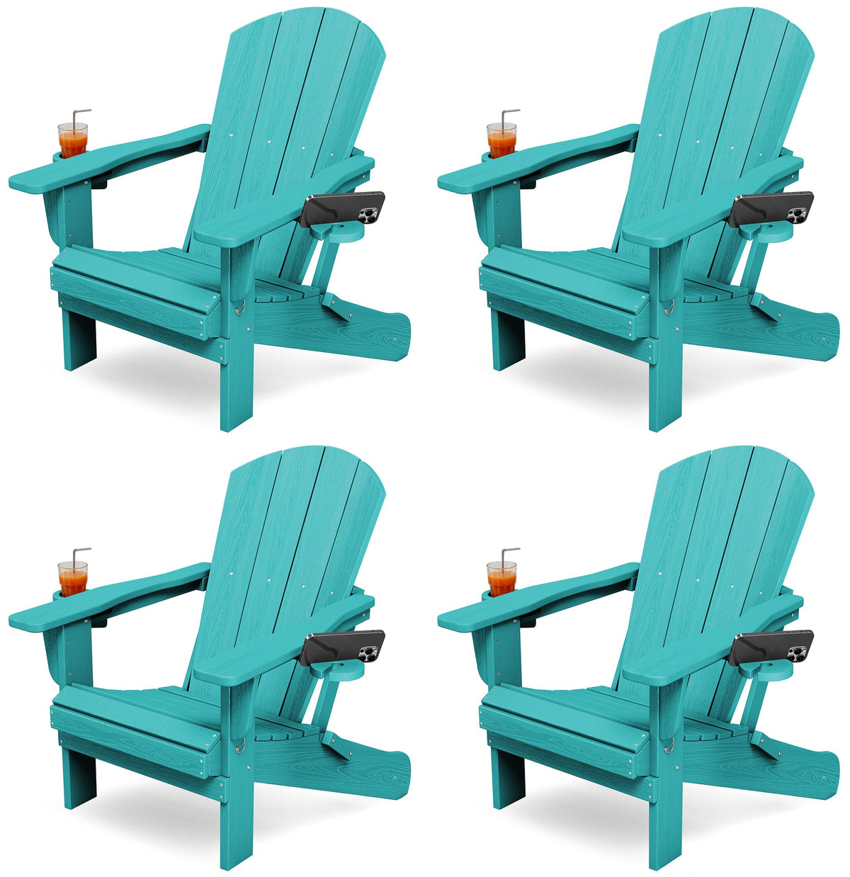 Folding Adirondack Chair Set of 4 with 2 Cup Holders, Aruba