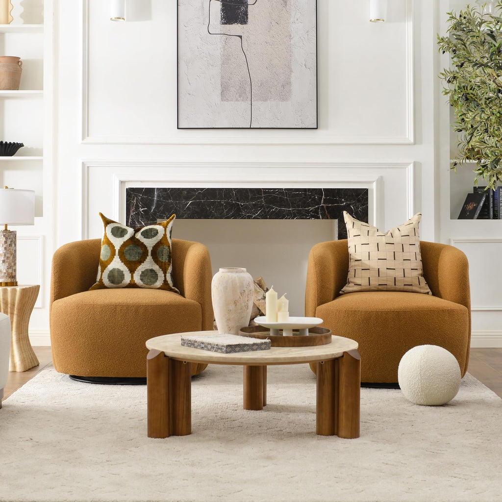 34" W Boucle Swivel Barrel Chairs with Pillow Set of 2, Brown