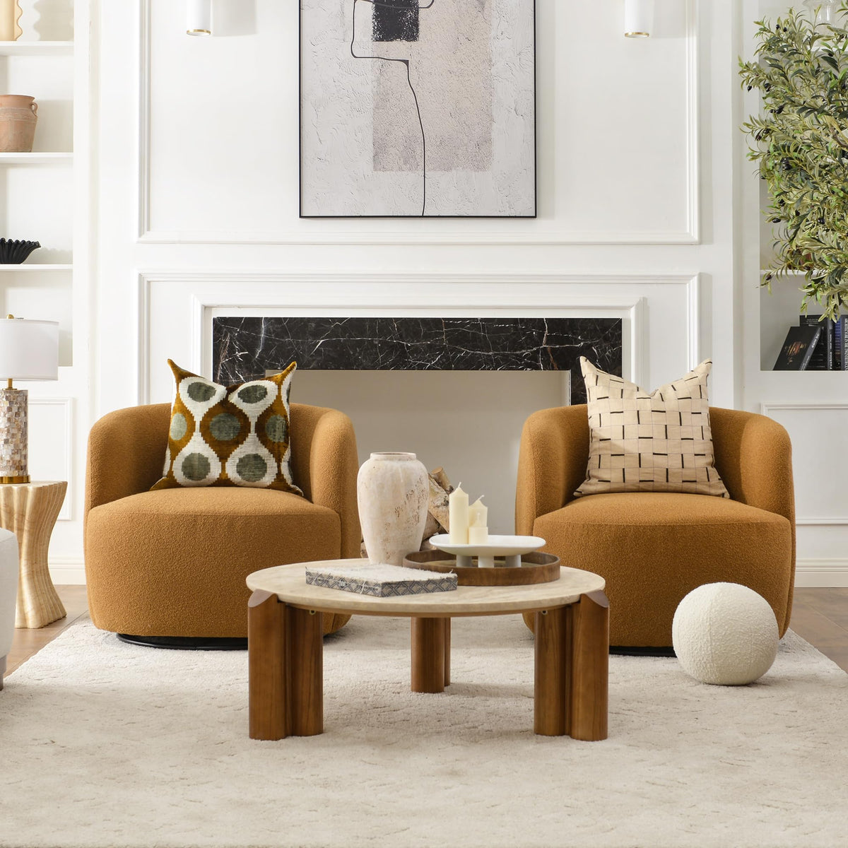 34" W Boucle Swivel Barrel Chairs with Pillow Set of 2, Brown
