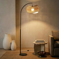 Wave Arc Floor Lamp - Chic Standing Lamp with Unique Hanging Wicker Pendant Shade, Boho Rattan Natural Decor Lamp