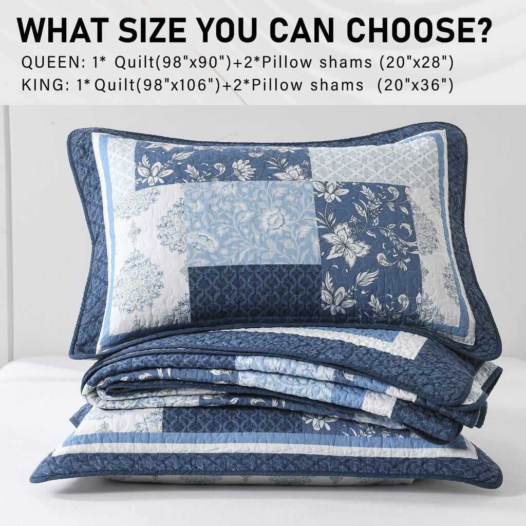 100% Cotton Quilt Set, Farmhouse Floral Patchwork Bedspreads