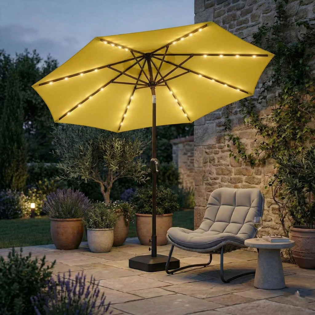 10FT Outdoor Patio Umbrella with Solar Lights, Market Table Umbrella with Push Button Tilt & Crank, 8 Sturdy Ribs, 32