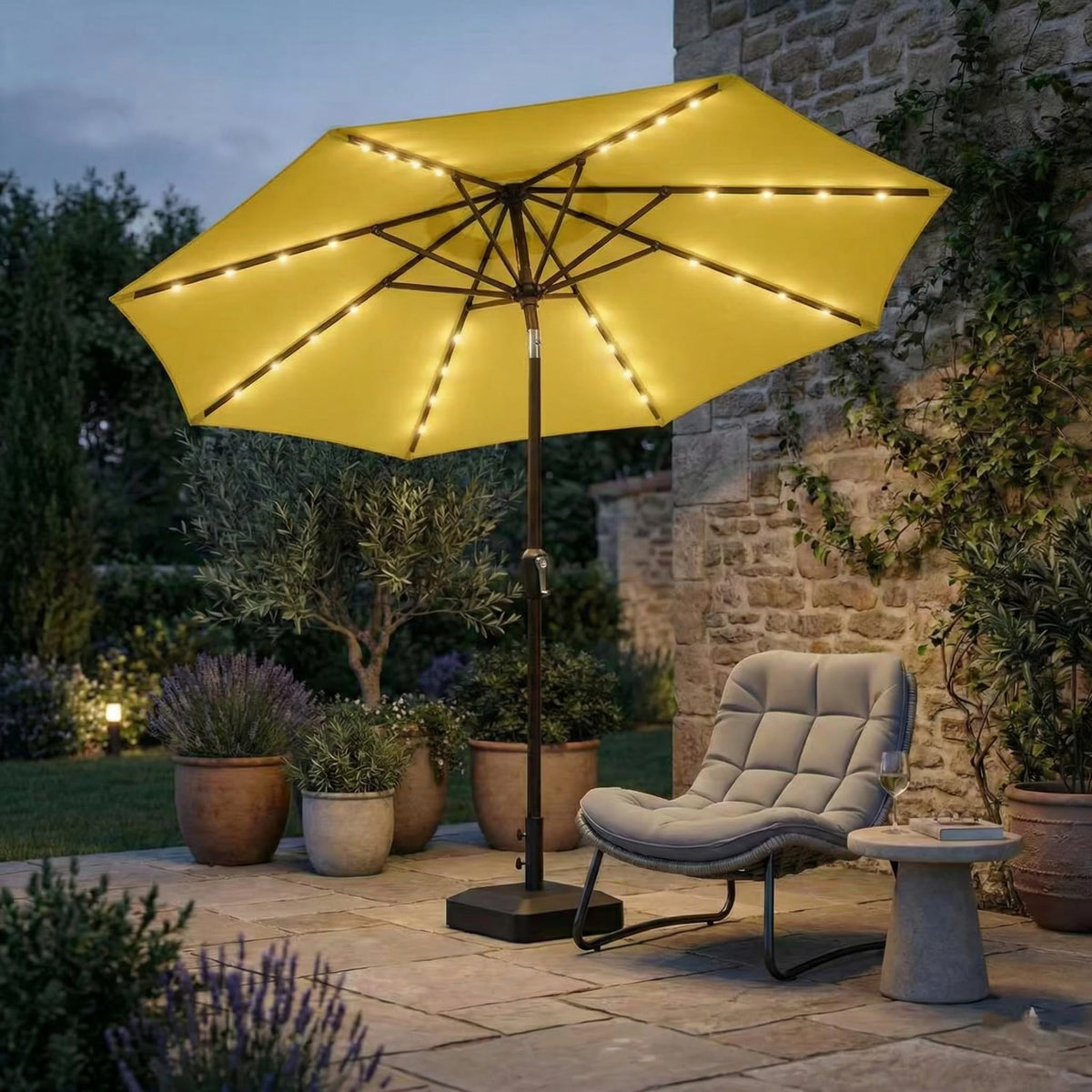 10FT Outdoor Patio Umbrella with Solar Lights, Market Table Umbrella with Push Button Tilt & Crank, 8 Sturdy Ribs, 32