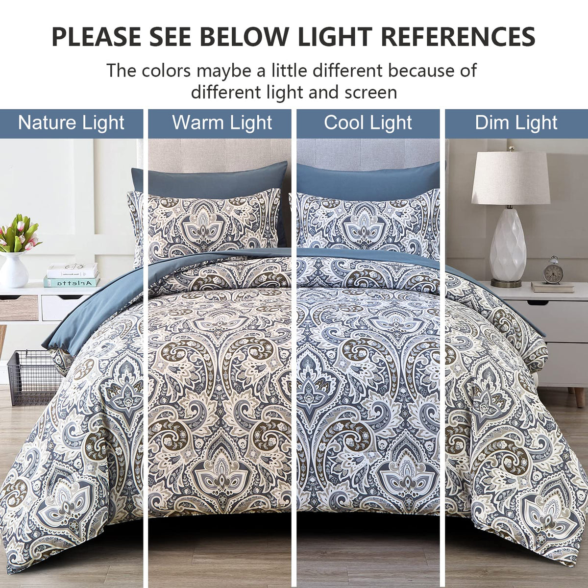 Blue Paisley Comforter Set King, 7 Pieces Bed in a Bag Comforter Boho Paisley Pattern Bedding Set Soft Microfiber(1