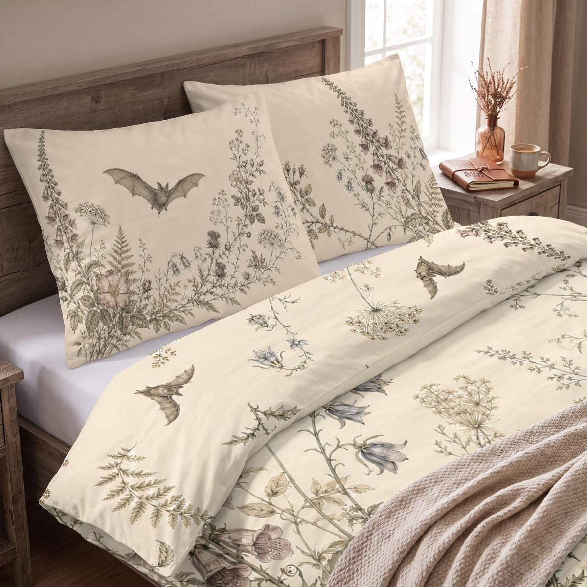 Antique Ivory Bat Duvet Cover Set 80x90, Wildflower Toile, 3-Piece