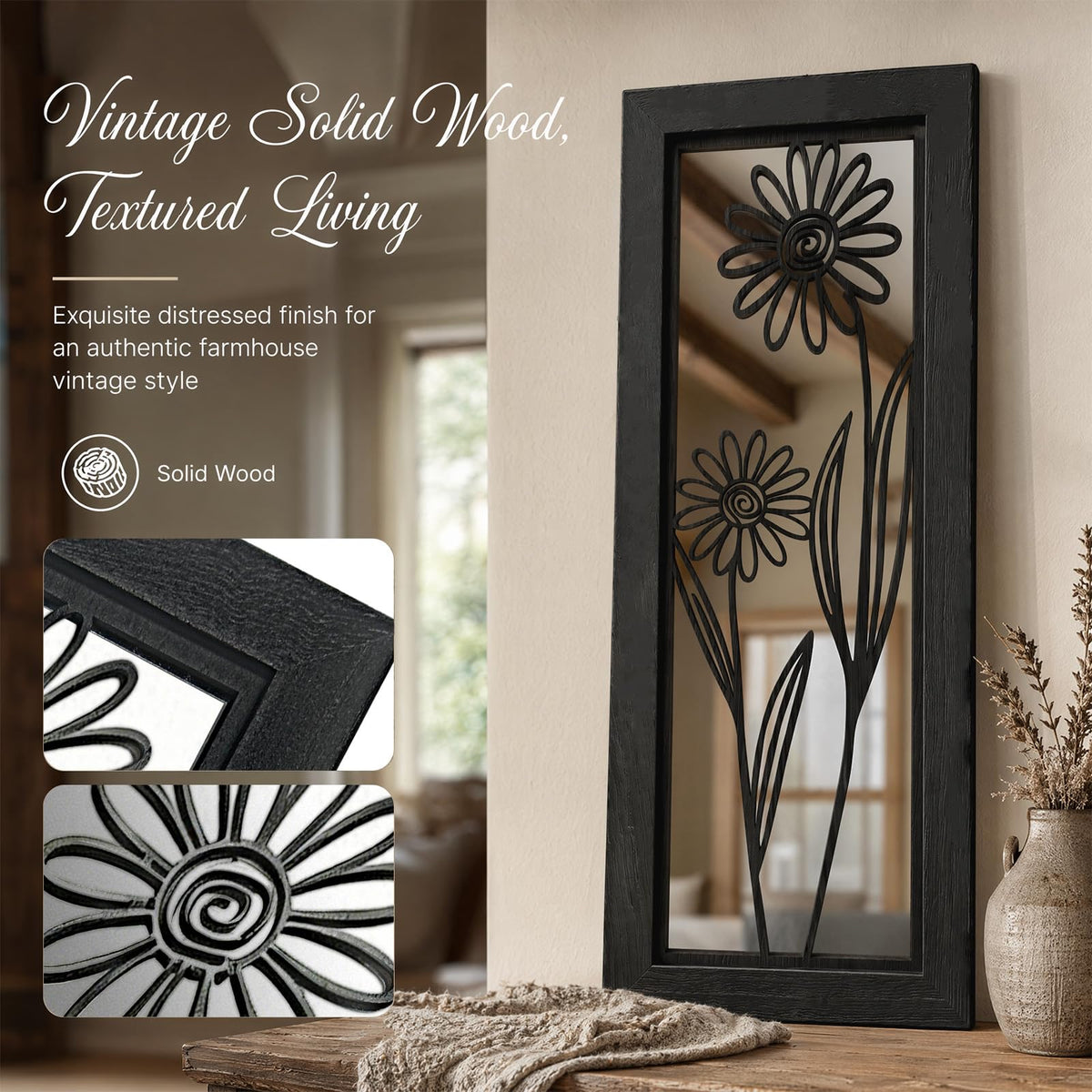 4 Set Farmhouse Mirrors for Wall Decor Living Room Bedroom Bathroom Entryway Wood Rustic Decorative Framed Hanging