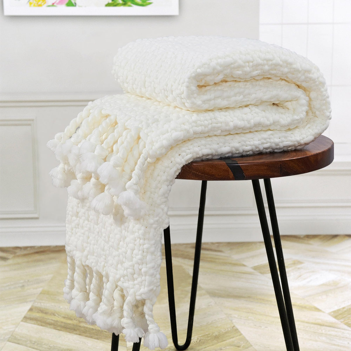 Chunky Knit Throw Blanket with Braided Tassels 50" x 60", Hand Knitted Soft Thick Yarn Basket Weave Boho Farmhouse