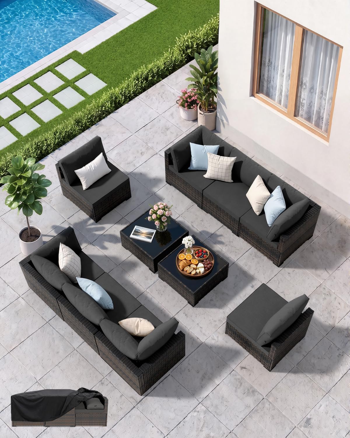 Patio Furniture Set - All-Weather - 10 Piece Patio Outdoor Conversation Set, Modular Wicker Rattan Sectional Sofa for