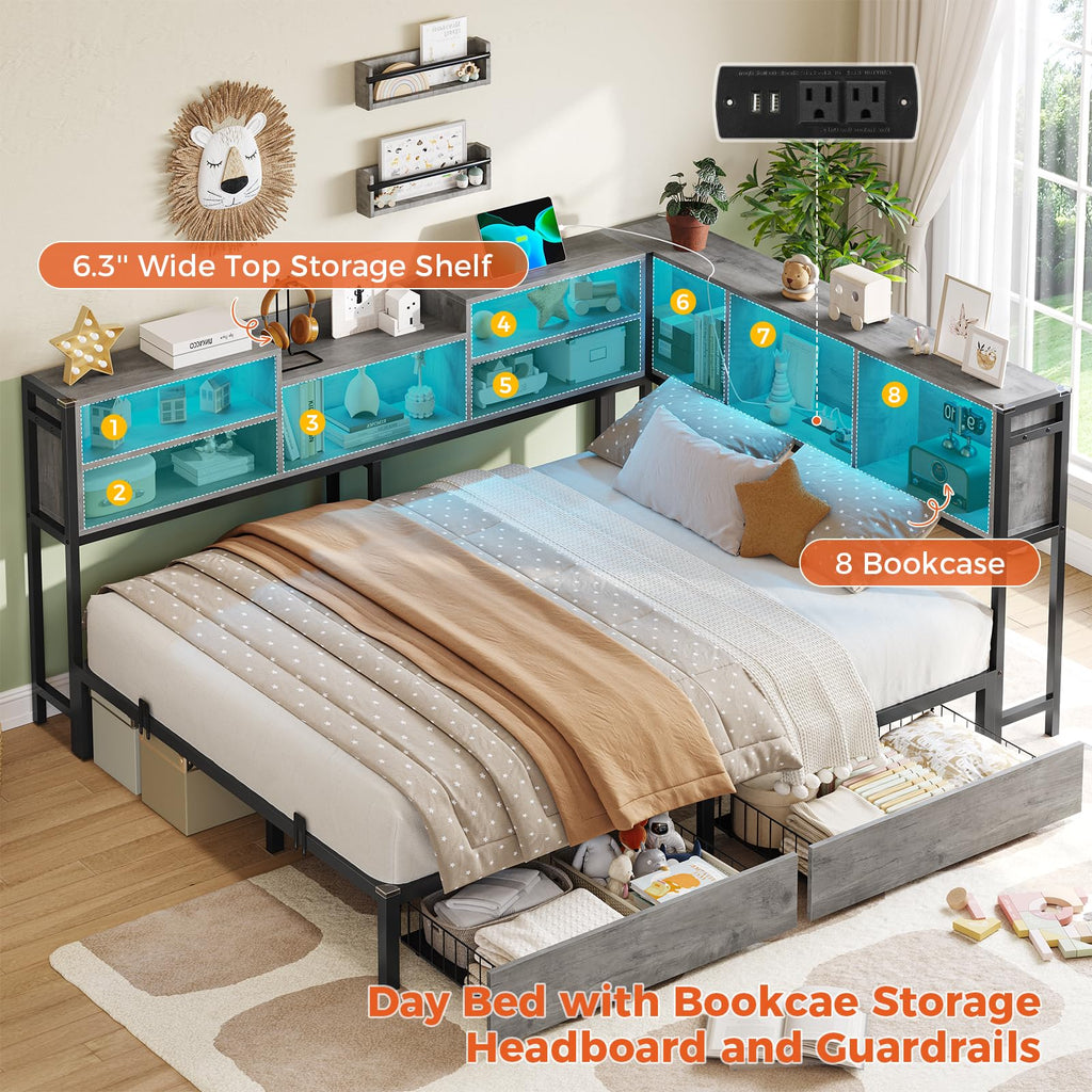 Corner Full Bed Frame with Bookcase Storage, 2 Drawers & Led Lights, Oak Gray