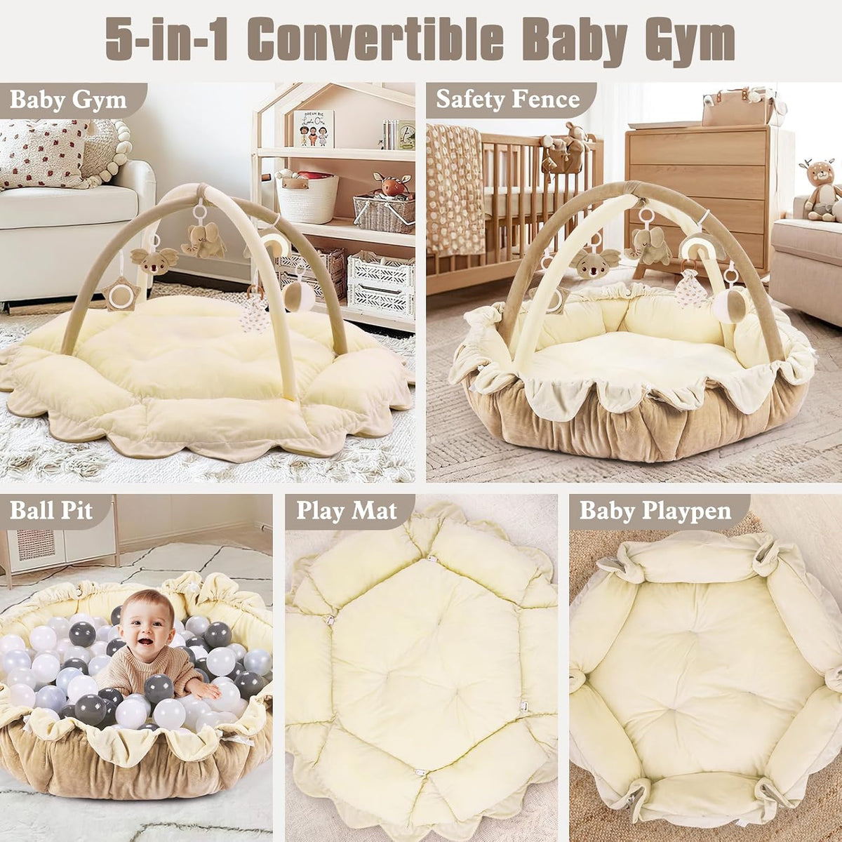 In-1 Plush Baby Play Gym, Activity Mat with Convertible Gym, Baby Gym 6 Sensory Toys, Play Center for Newborn to