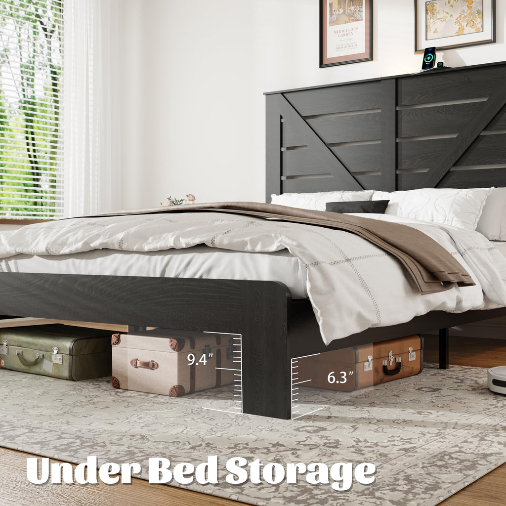 Farmhouse Wood Bed Frame 51" Tall Headboard Black