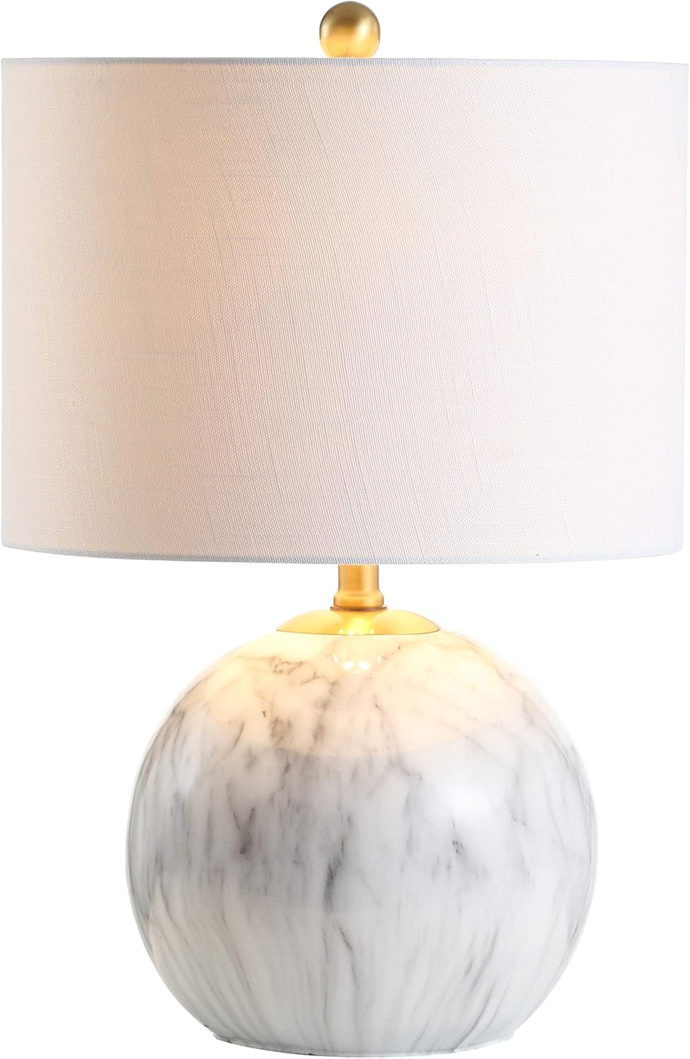 21.5" White/Brass Gold Faux Marble Resin Table Lamp, Glam Geometric Sphere Base Bedroom, White Linen Drum Shade