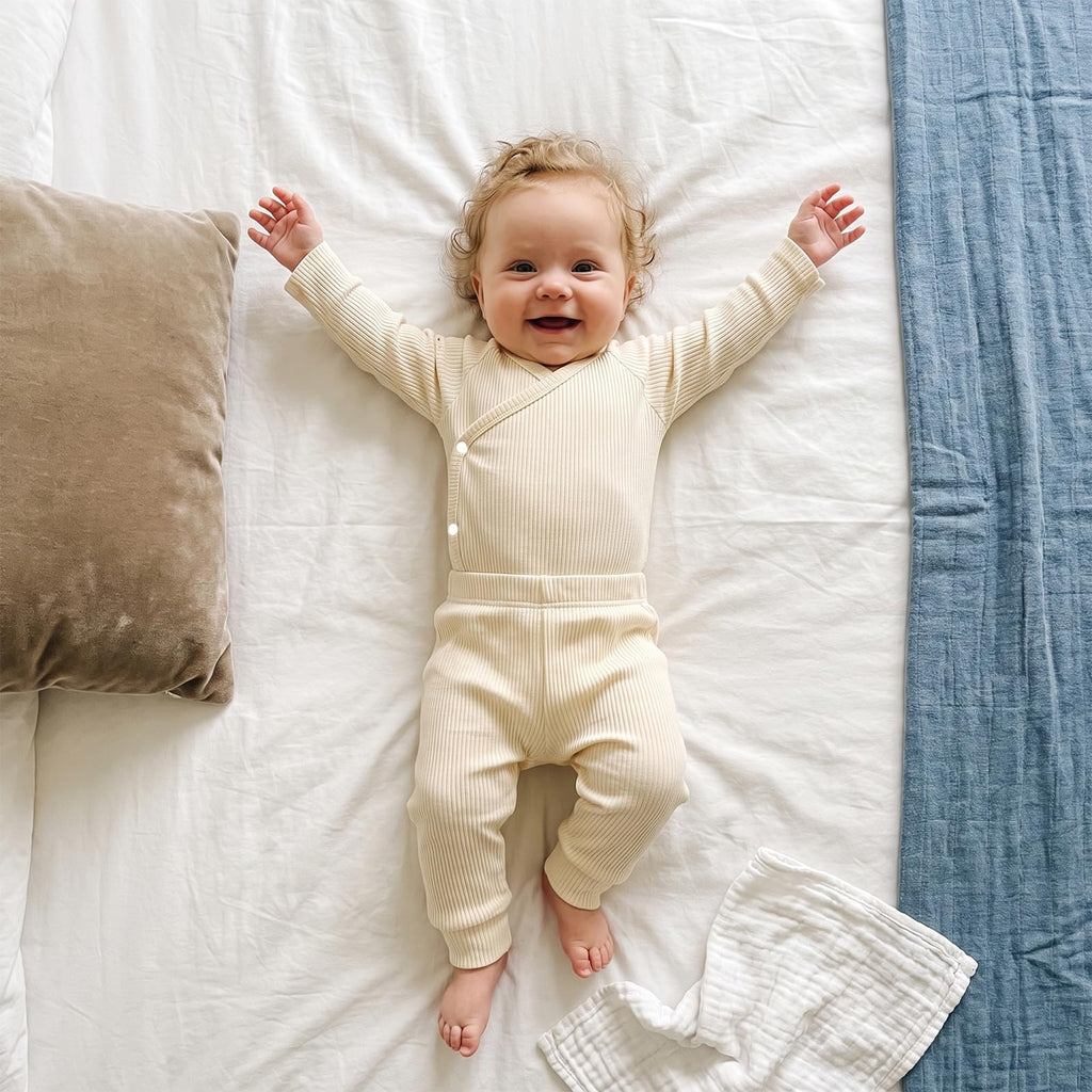 Newborn Baby Coming Home Outfit Ribbed Romper and Pants Set (Beige, Newborn)