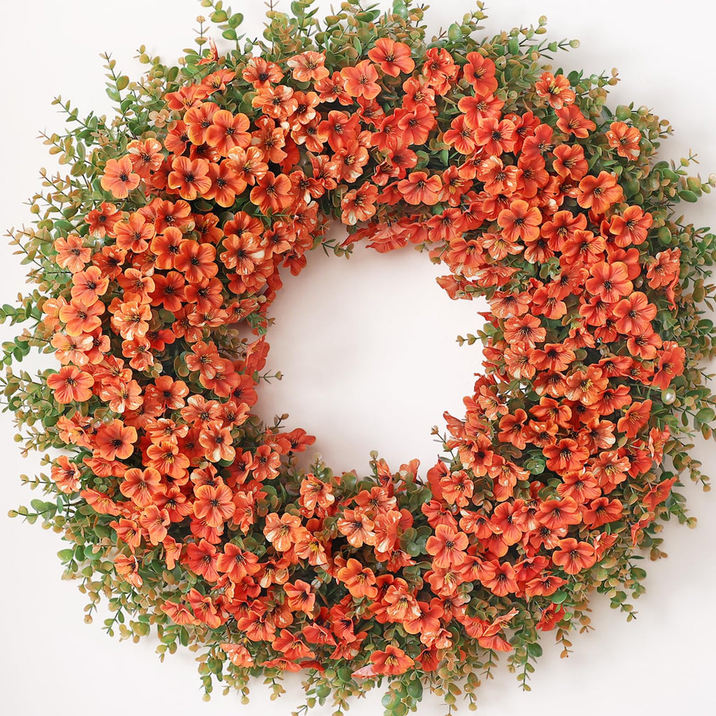 32" Large Artificial Silk Flower Eucalyptus Wreath for Outdoor(Fall Orange)