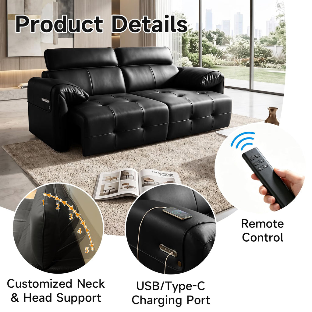 Genuine Leather Electric Pull Out Couch, Power Reclining Sofa with Adjustable Headrests | Extendable Footrest | USB &